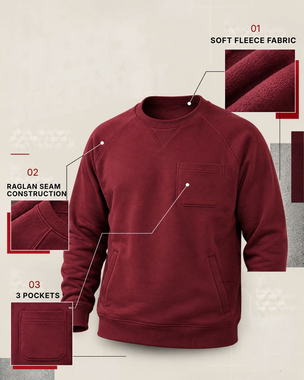 Men's 3-Pocket Fleece Sweatshirt with Raglan Seams